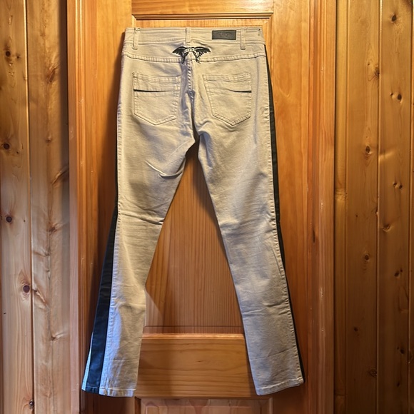 CREAM - Beige Stretchy Jeans - Black Pleather Leg Stripe - Size: 38 EUROPEAN - Picture 2 of 5